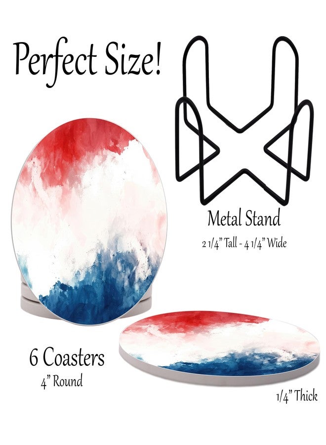 DAJDC Red White and Blue USA American Flag United States Round Coasters Set of 6 - Abosrbent Ceramic with Metal Stand for Drinks, Coffee, Non-Slip Cork Back - Image 2